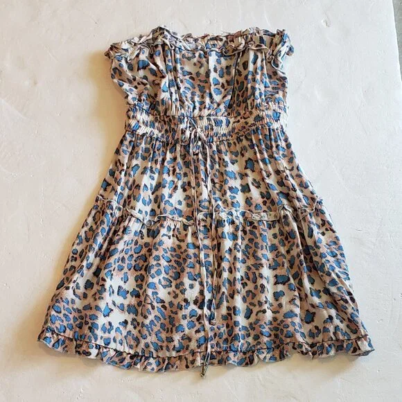Strapless sun dress with a blue and tan animal print  Size Small - Picture 2 of 8